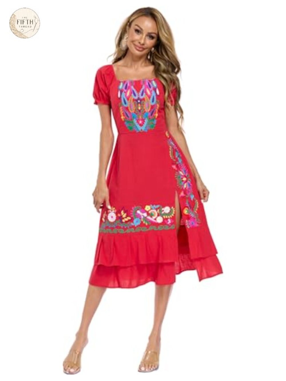 Mexican Boho Floral Embroidered Split Midi Puff Sleeve Cotton Sundress